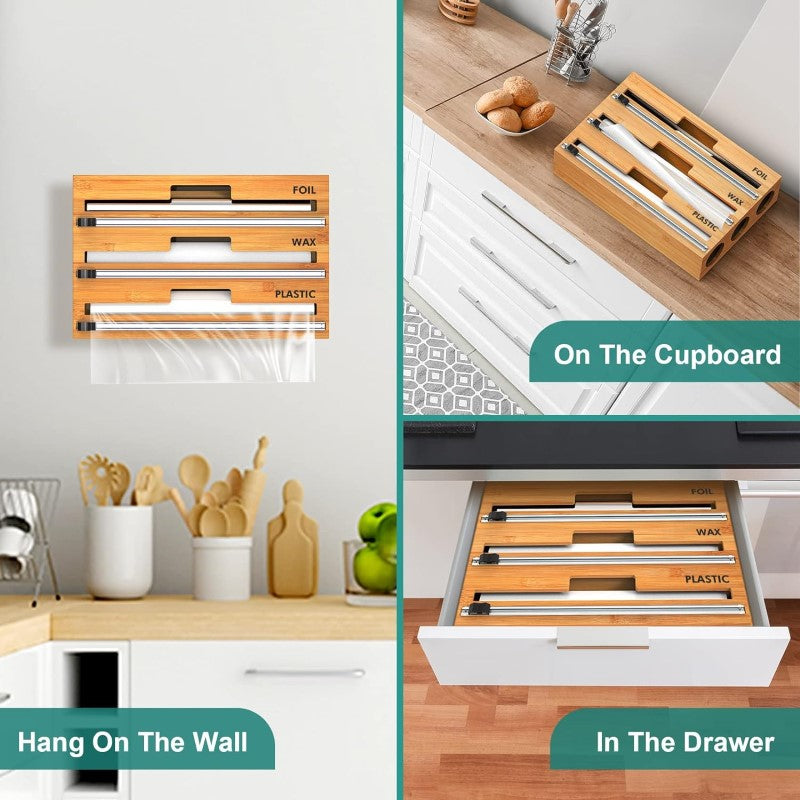 Bamboo Food Wrap Dispenser Cutter Foil Cling Film Storage Holder