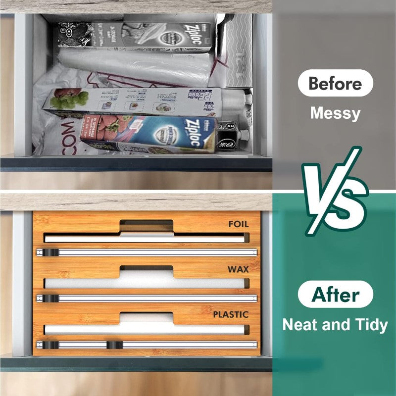 Bamboo Food Wrap Dispenser Cutter Foil Cling Film Storage Holder