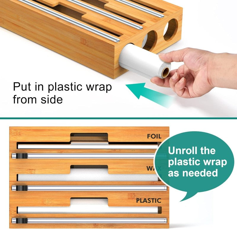 Bamboo Food Wrap Dispenser Cutter Foil Cling Film Storage Holder