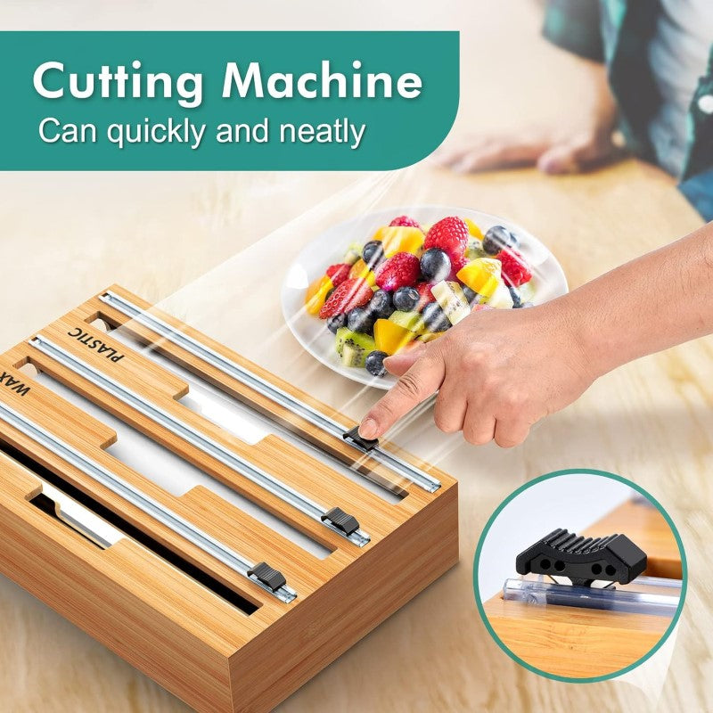 Bamboo Food Wrap Dispenser Cutter Foil Cling Film Storage Holder