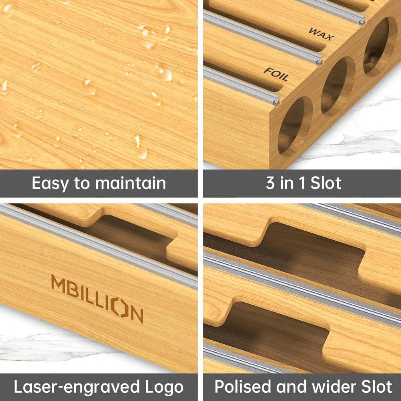 Bamboo Food Wrap Dispenser Cutter Foil Cling Film Storage Holder