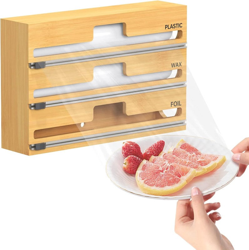 Bamboo Food Wrap Dispenser Cutter Foil Cling Film Storage Holder
