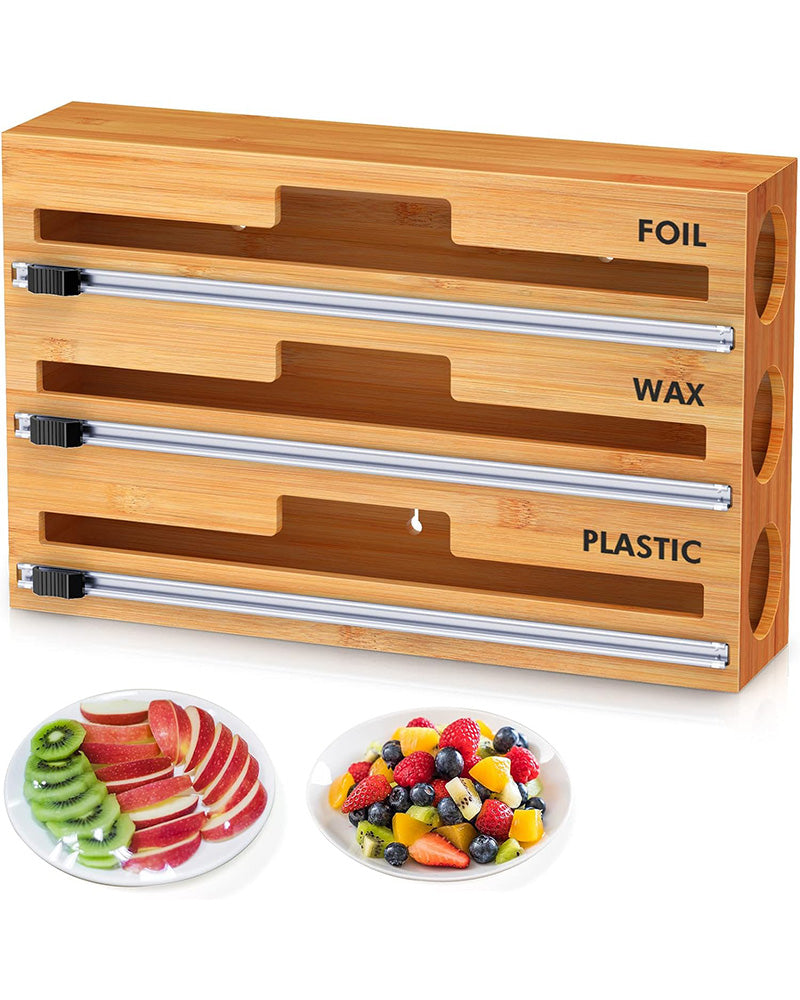 Bamboo Food Wrap Dispenser Cutter Foil Cling Film Storage Holder