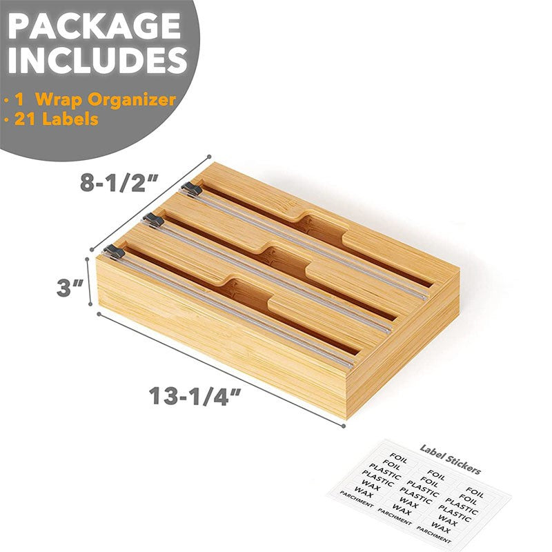 Bamboo Food Wrap Dispenser Cutter Foil Cling Film Storage Holder