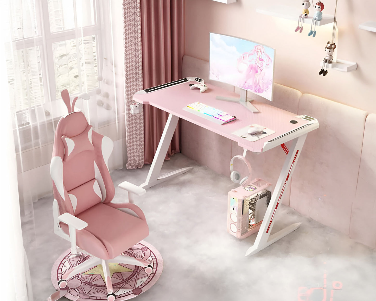 Gaming Desk RGB - Z-Shaped Gaming Desk with LED Lights, Carbon Fiber Surface, Pink 140CM