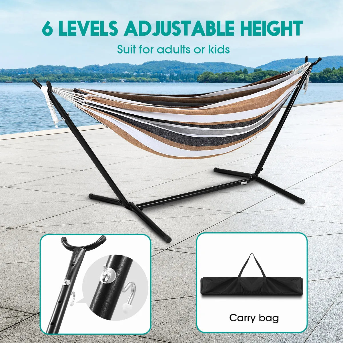 2-Person Hammock with 9FT Steel Stand - Weather Resistant Double Hammock Bed and Stand with Carrying Case, 450LBS Capacity, 6 Optional Hook Positions (Tan Stripe)