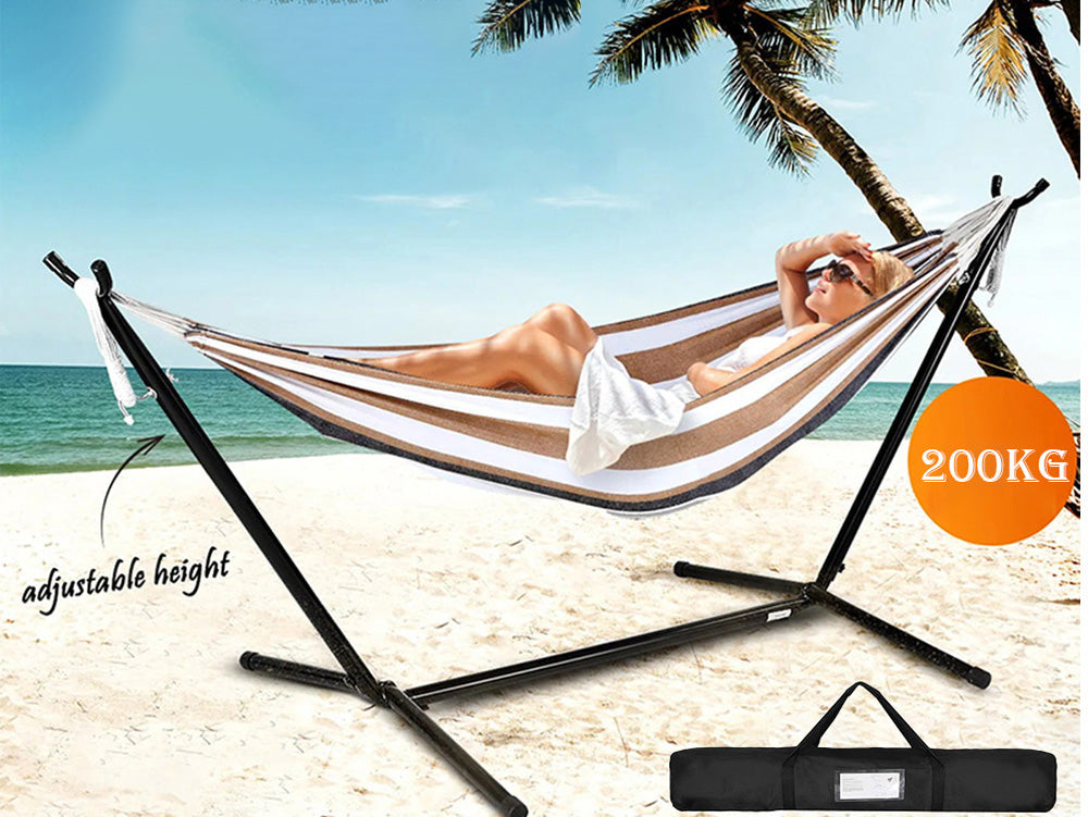 2-Person Hammock with 9FT Steel Stand - Weather Resistant Double Hammock Bed and Stand with Carrying Case, 450LBS Capacity, 6 Optional Hook Positions (Tan Stripe)