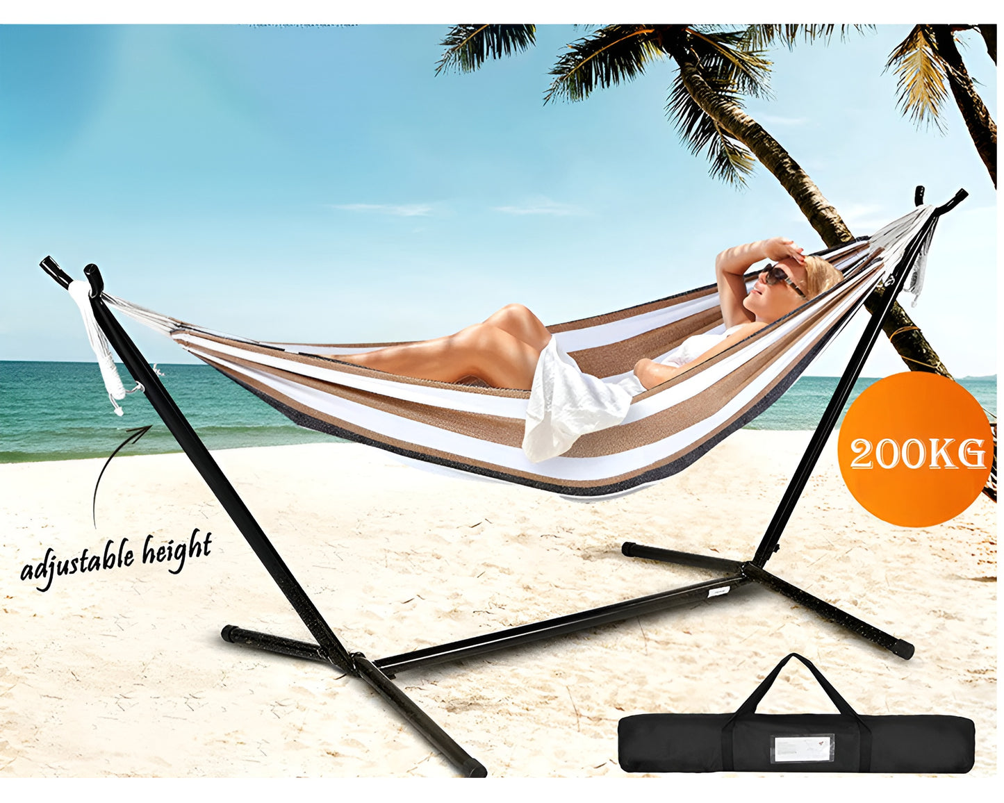 2-Person Hammock with 9FT Steel Stand - Weather Resistant Double Hammock Bed and Stand with Carrying Case, 450LBS Capacity, 6 Optional Hook Positions (Tan Stripe)