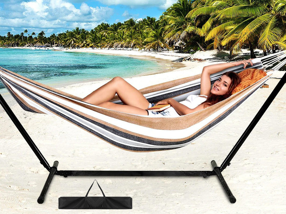 2-Person Hammock with 9FT Steel Stand - Weather Resistant Double Hammock Bed and Stand with Carrying Case, 450LBS Capacity, 6 Optional Hook Positions (Tan Stripe)