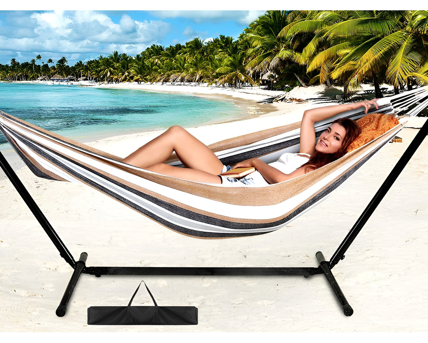 2-Person Hammock with 9FT Steel Stand - Weather Resistant Double Hammock Bed and Stand with Carrying Case, 450LBS Capacity, 6 Optional Hook Positions (Tan Stripe)