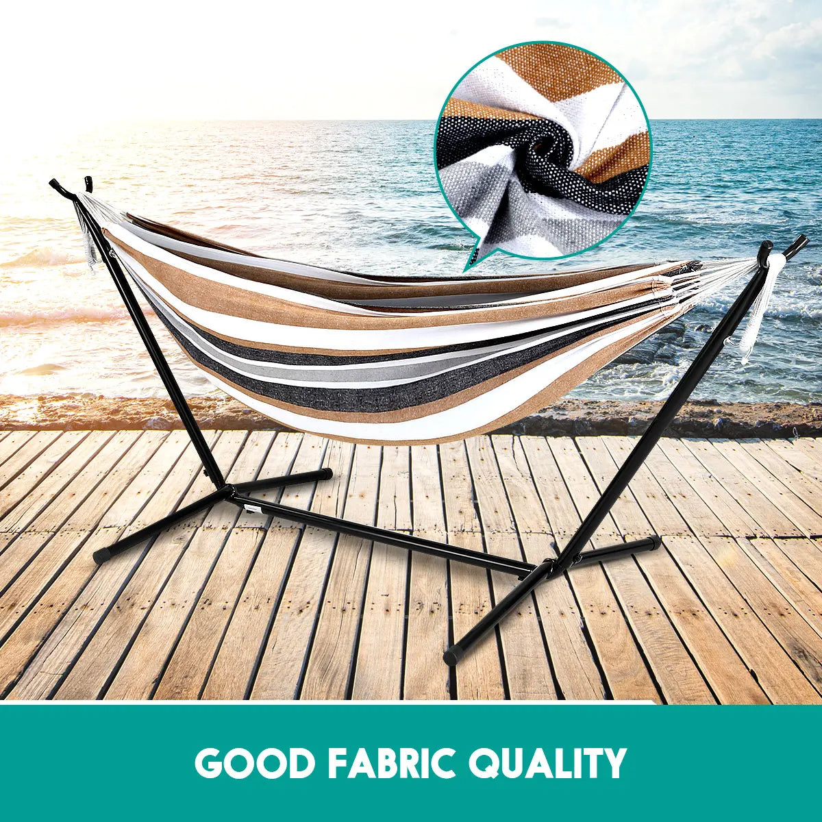 2-Person Hammock with 9FT Steel Stand - Weather Resistant Double Hammock Bed and Stand with Carrying Case, 450LBS Capacity, 6 Optional Hook Positions (Tan Stripe)