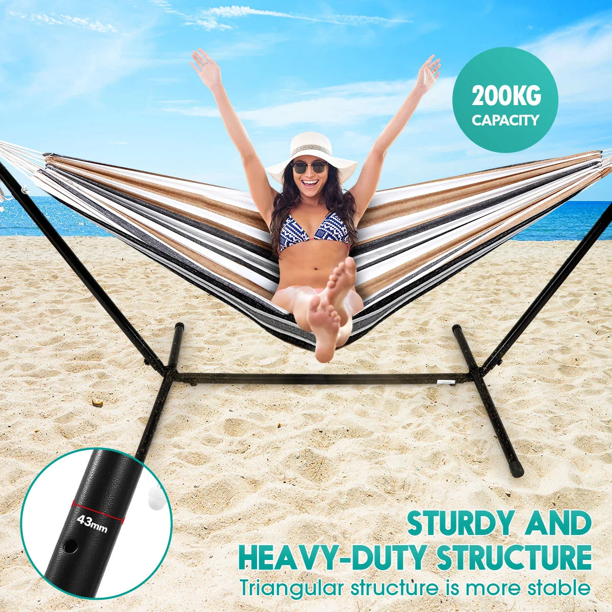 2-Person Hammock with 9FT Steel Stand - Weather Resistant Double Hammock Bed and Stand with Carrying Case, 450LBS Capacity, 6 Optional Hook Positions (Tan Stripe)