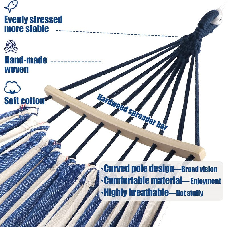 Garden Cotton Hammock - Comfortable Fabric Hammock with Spreader Bar Durable Hammock Up to 450lbs | Portable Lightweight Hammock with Travel Bag