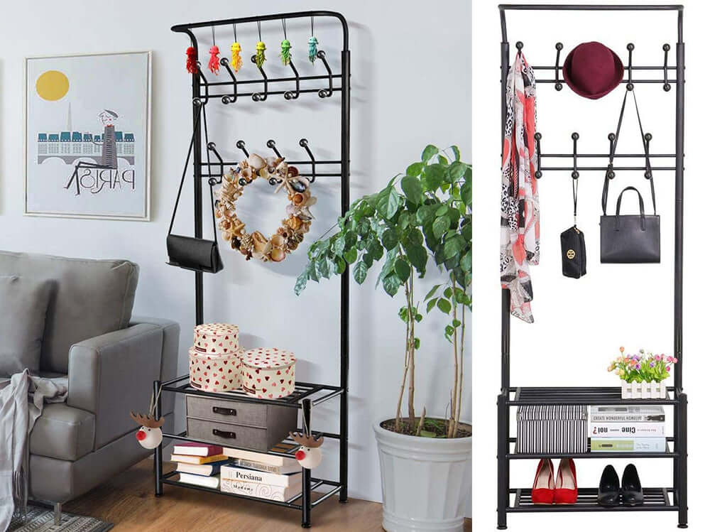 Metal Entryway 18 Hooks Coat Rack with 3-Tier Shoe Rack Bench - Black