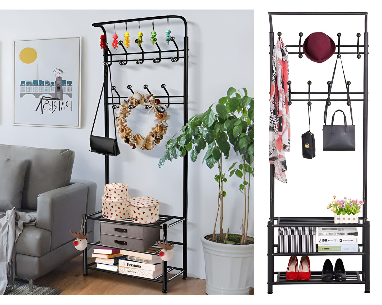 Metal Entryway 18 Hooks Coat Rack with 3-Tier Shoe Rack Bench - Black