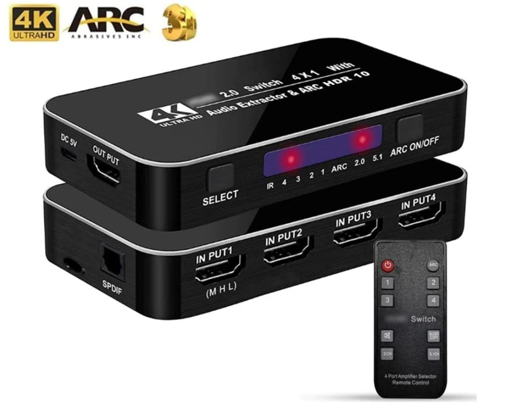 HDMI Switch 4x1 with Audio Extractor – 4K@60Hz HDMI Switch with ARC, TOSLINK & Remote Control