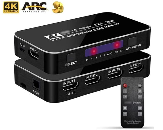 HDMI Switch 4x1 with Audio Extractor – 4K@60Hz HDMI Switch with ARC, TOSLINK & Remote Control