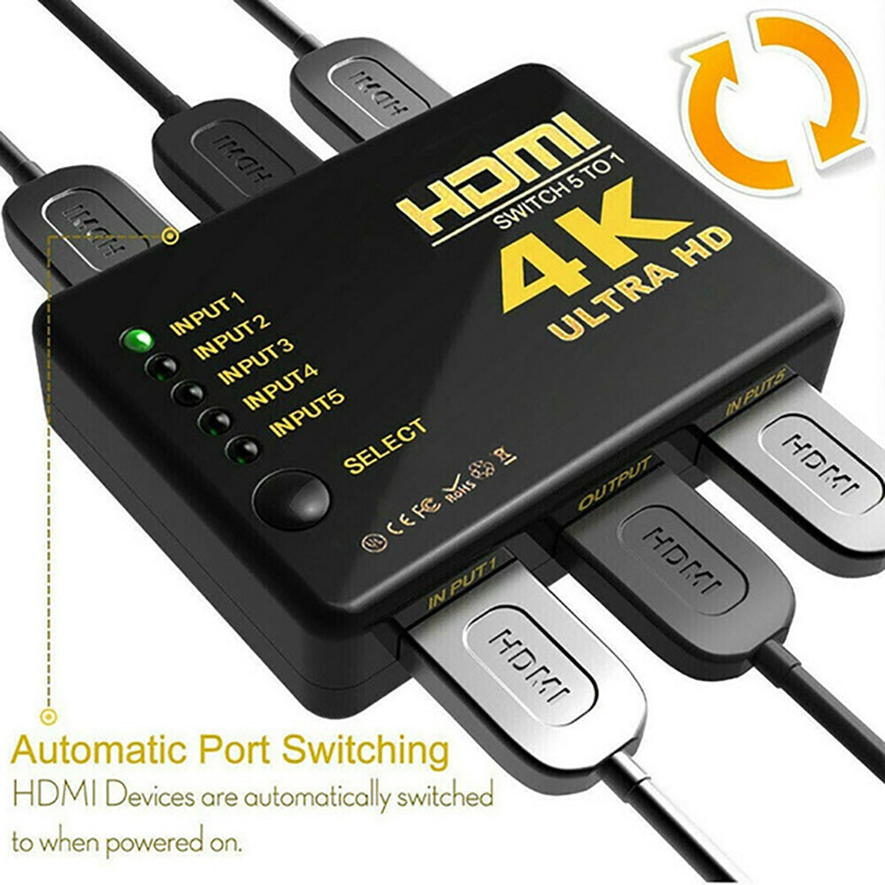 5-Port HDMI Splitter with Remote Control – 4K 3840x2160P HDMI Switcher, 1 in 5 HDMI Output for TV Box, PS3, DVD, PC