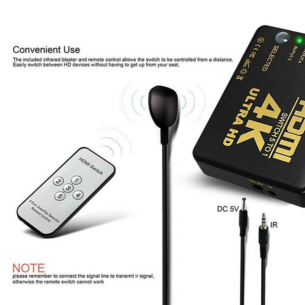 5-Port HDMI Splitter with Remote Control – 4K 3840x2160P HDMI Switcher, 1 in 5 HDMI Output for TV Box, PS3, DVD, PC
