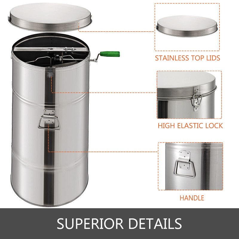 Manual Stainless Steel Honey Extractor, 2 Frame Manual Processing Centrifuge, 20KG Large Capacity Honeycomb Spinner for Beekeeping