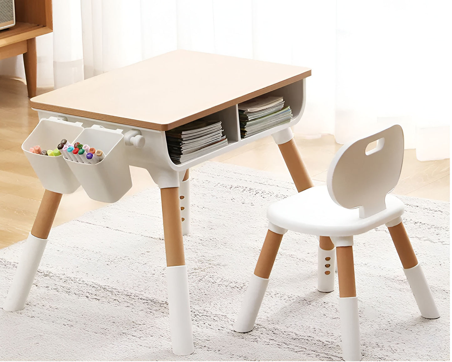 Height Adjustable Activity Desk and Chair Set with Wooden Top and Removable Storage
