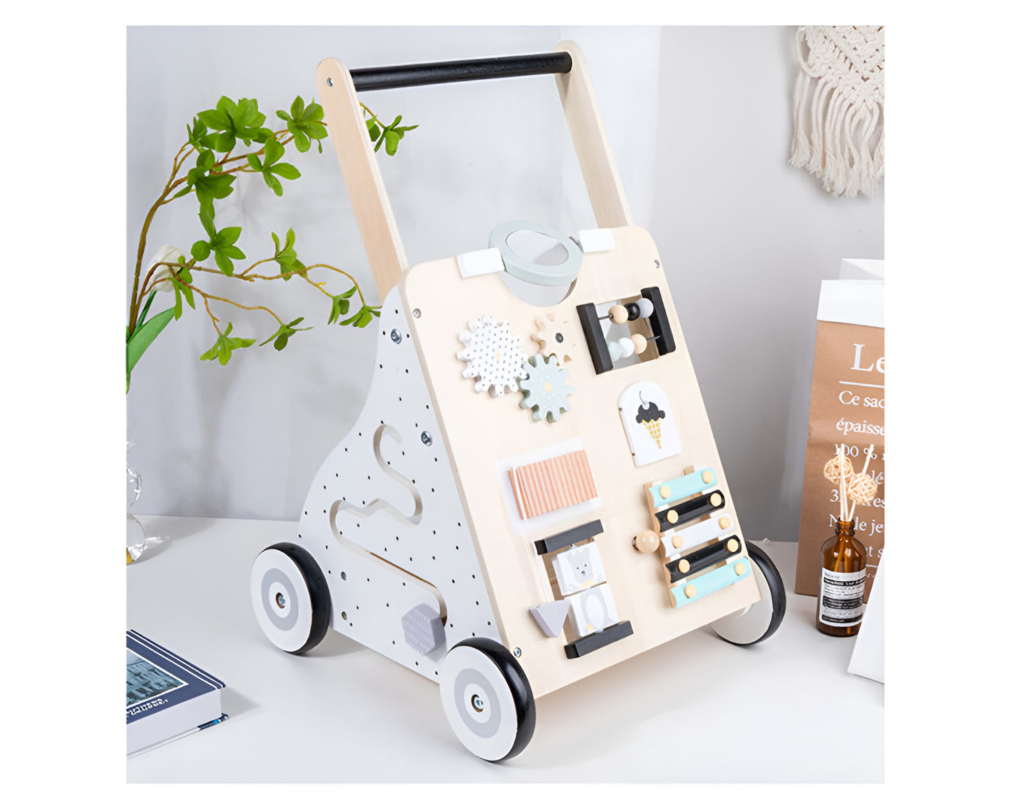 Wooden Push Walker with Learning Activities and Storage Shelf