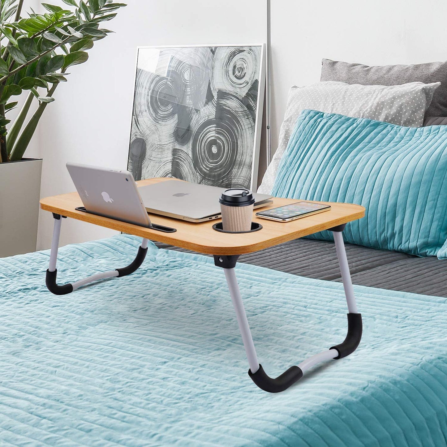 Laptop Bed Table Breakfast Tray with Foldable Legs Portable Lap Standing Desk Notebook Stand Reading Holder for Couch Sofa Floor Kids, Walnut