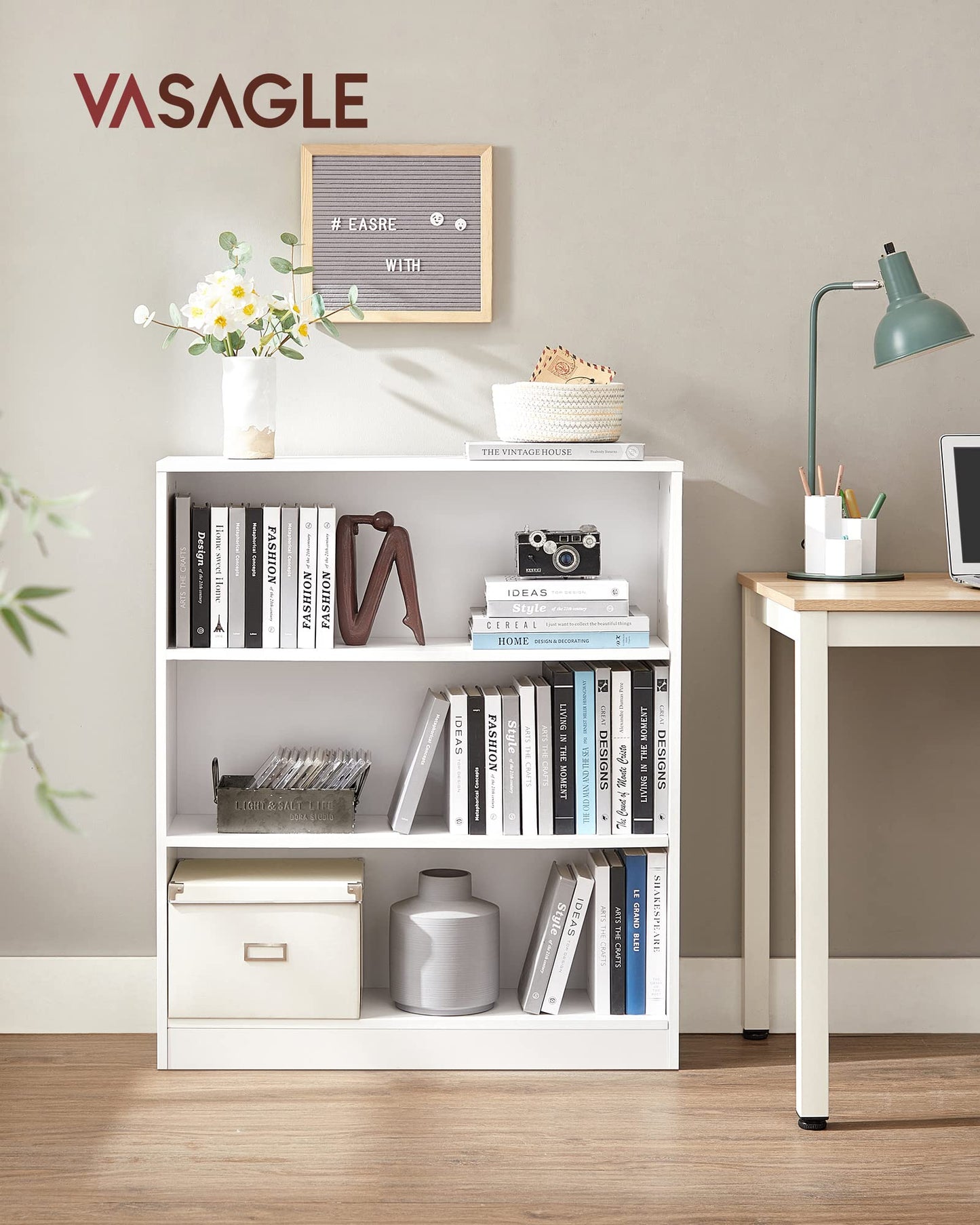 VASAGLE 3 Tier Bookcase with Adjustable Shelves – White
