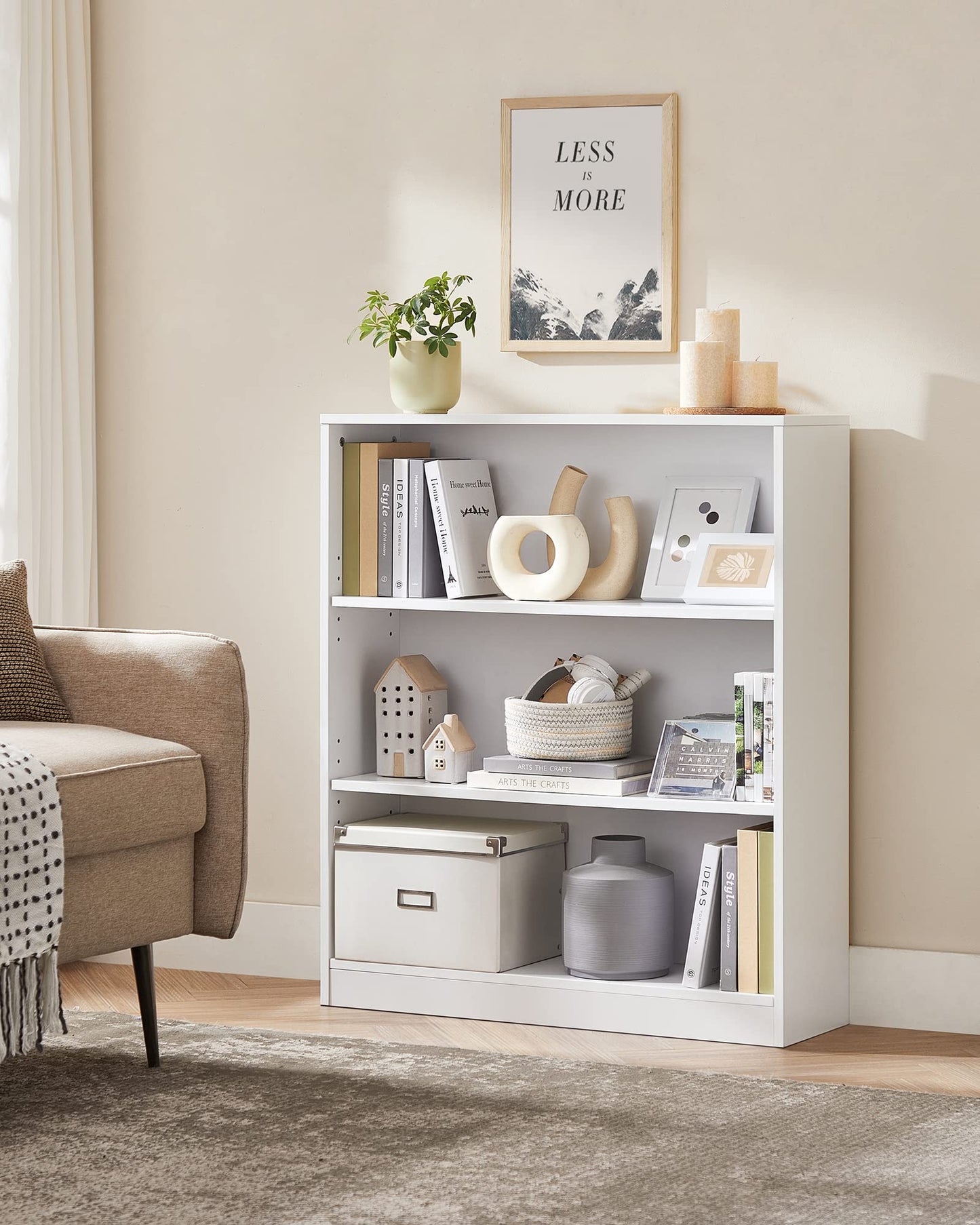 VASAGLE 3 Tier Bookcase with Adjustable Shelves – White