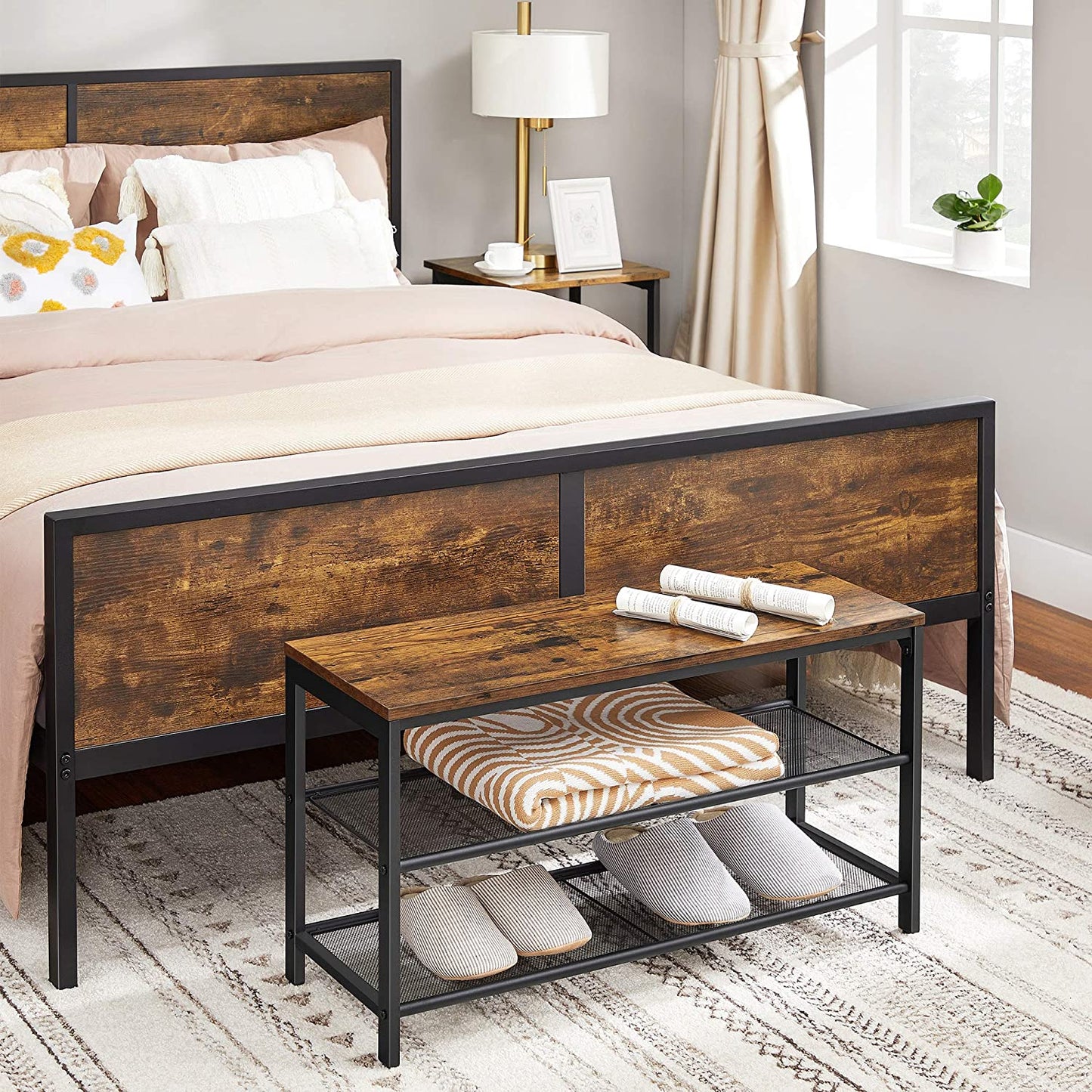 Shoe Storage Bench with 2 Shelves - Entryway Bench with Adjustable Feet for Easy Shoe Organization and Storage