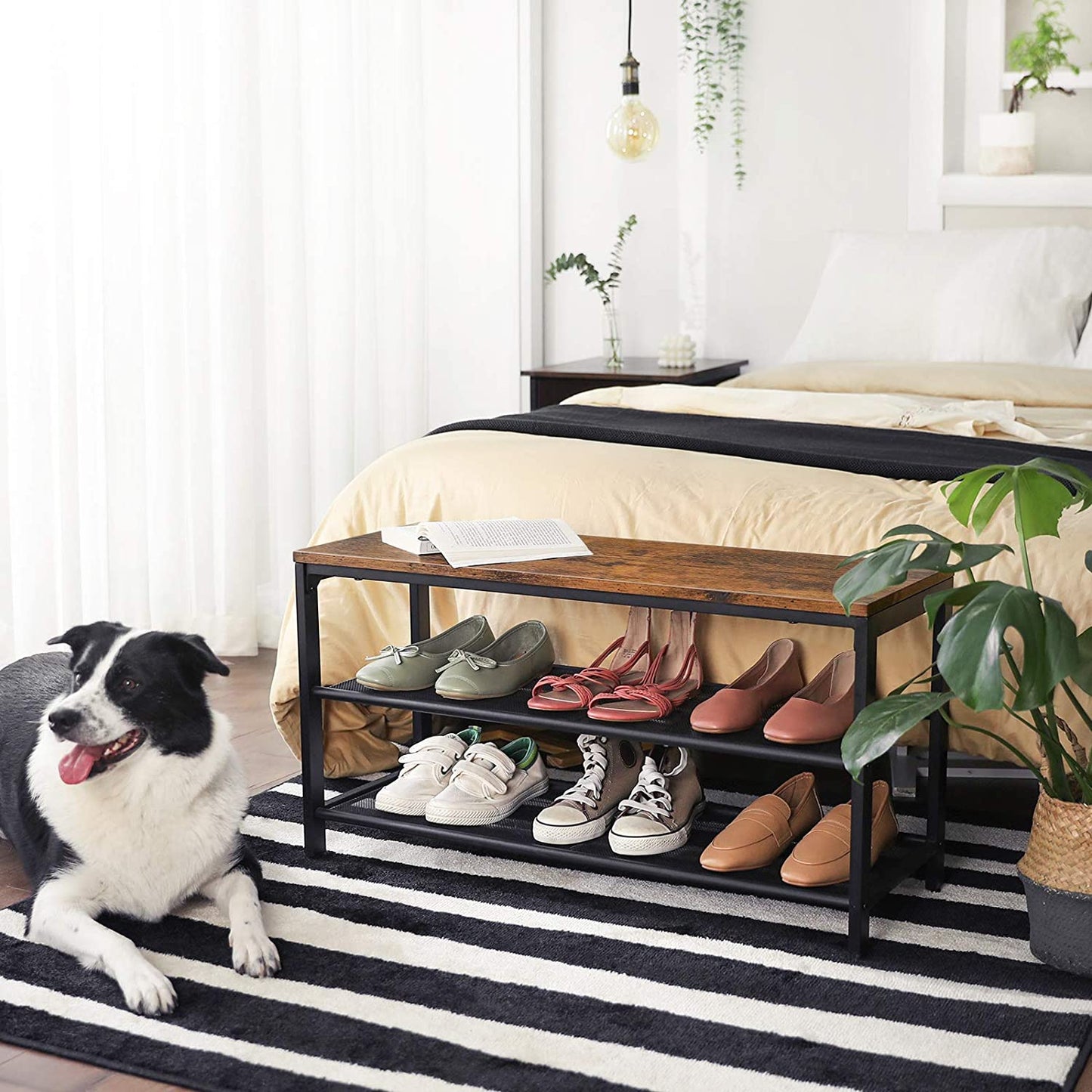 Shoe Storage Bench with 2 Shelves - Entryway Bench with Adjustable Feet for Easy Shoe Organization and Storage