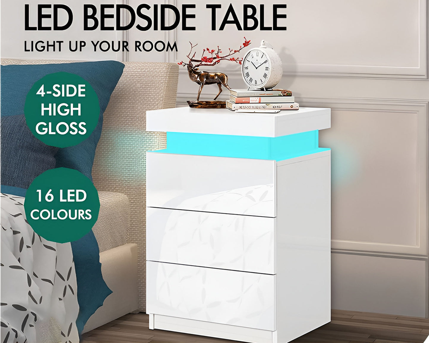 Bedside Table with drawer with 16 Led light colors