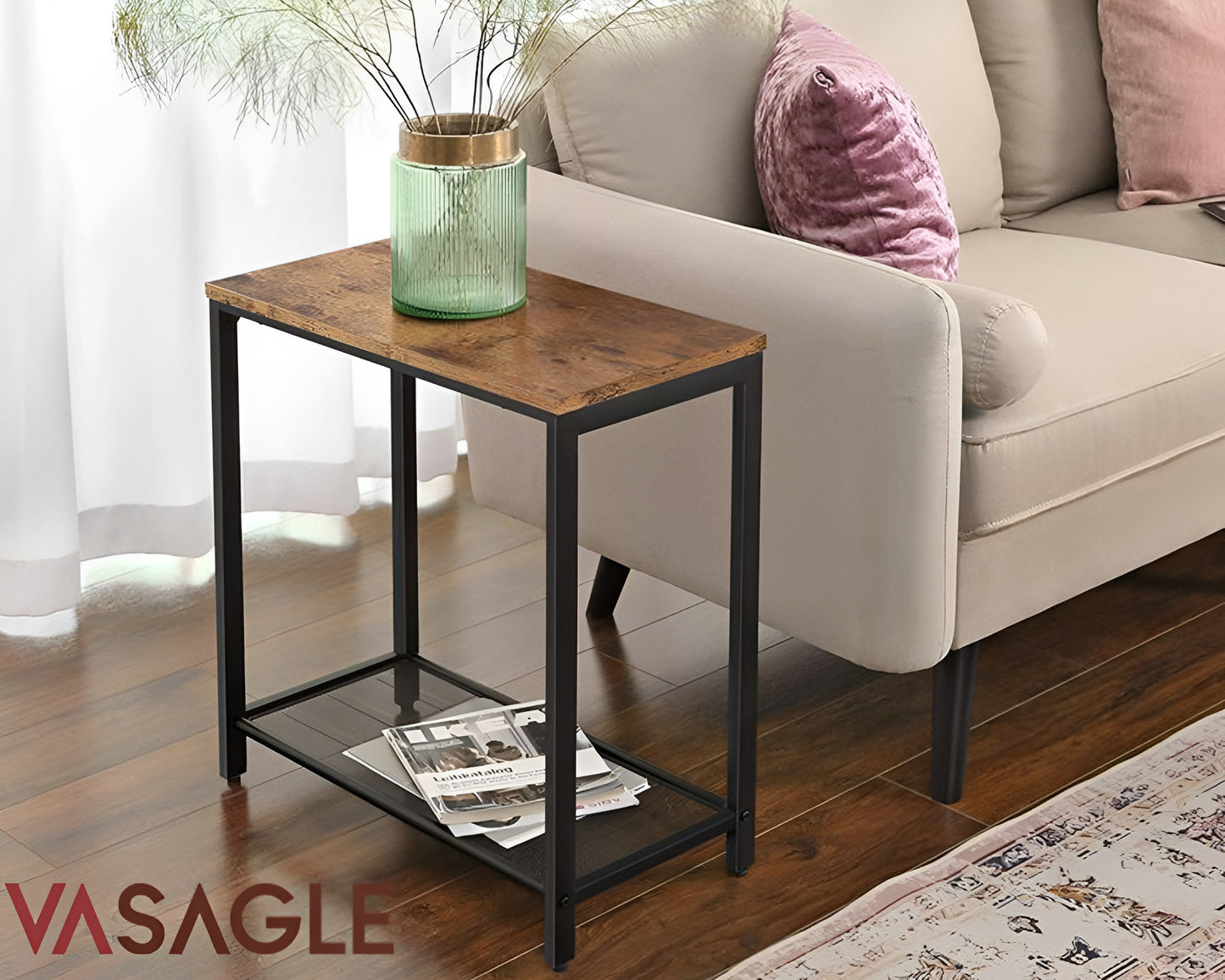 VASAGLE Brown End Table with Mesh Shelf