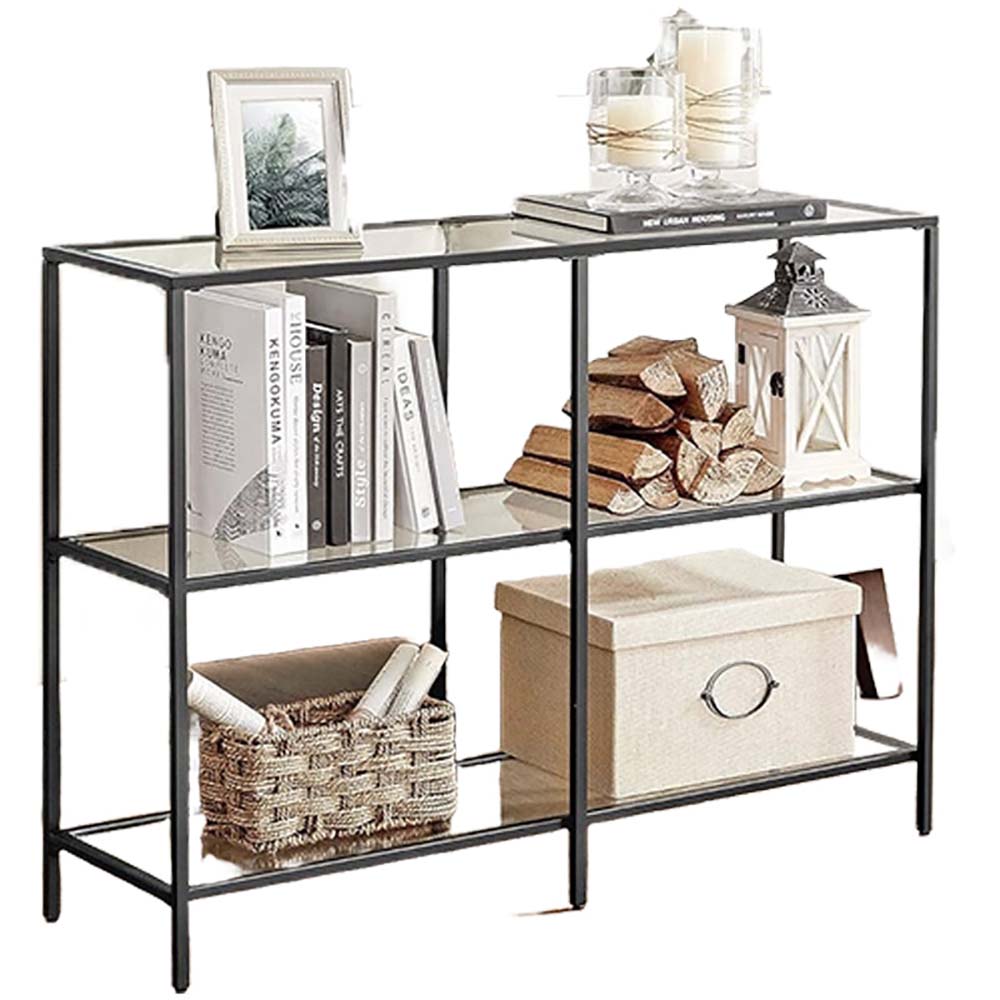 Glass Console Table Black Frame 3 Tier Sofa Table with Tempered Glass Shelves