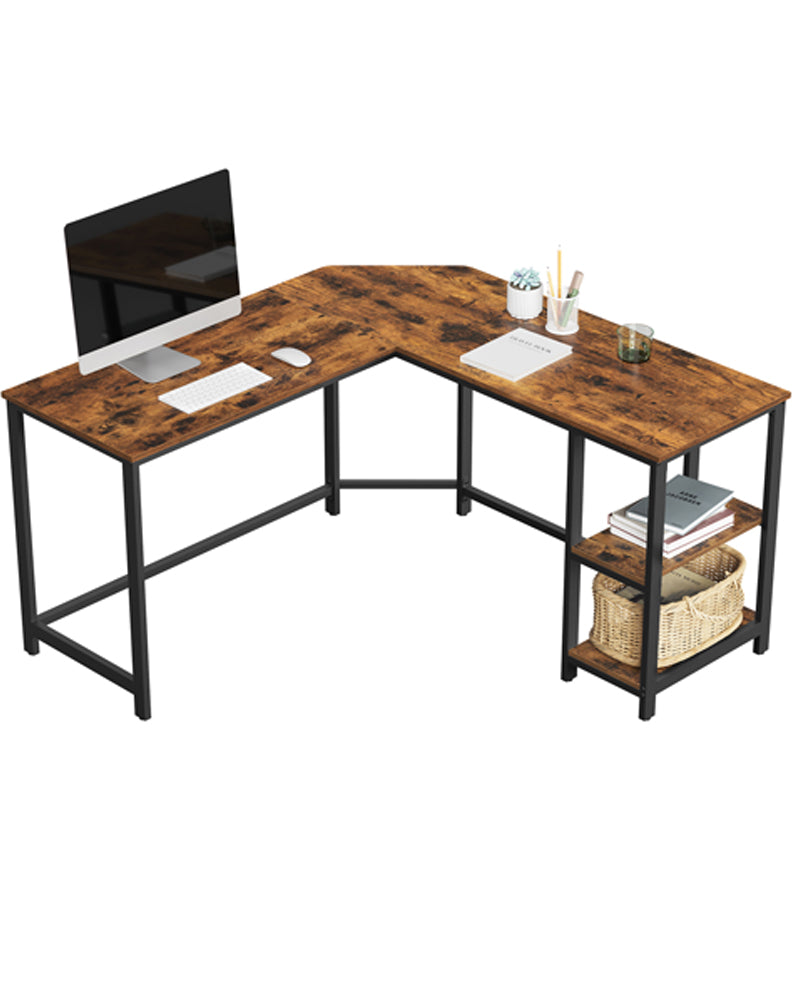 VASAGLE L-Shaped Computer Desk, Workstation with Shelves, Industrial Style, Rustic Brown and Black