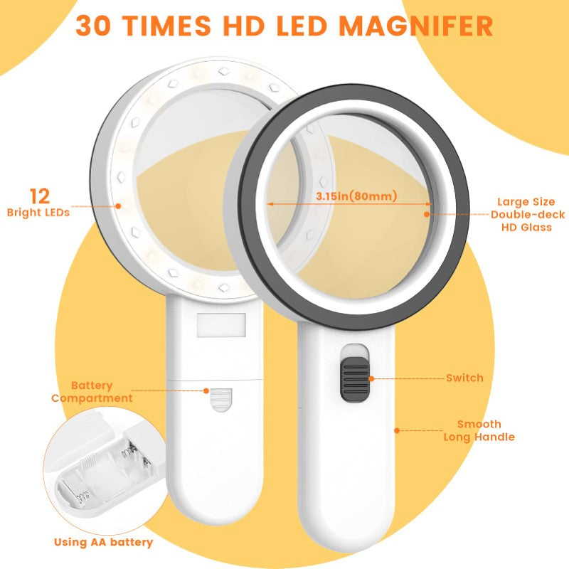 30X Magnifying Glass with Light – Handheld LED Illuminated Magnifier for Seniors, Macular Degeneration, Reading, Jewelry, Coins