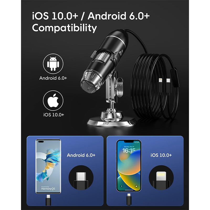 Digital Microscope, 50x-1600x Magnification, 1440P HD, 8 LED Lights, Portable, Compatible with iOS and Android Devices