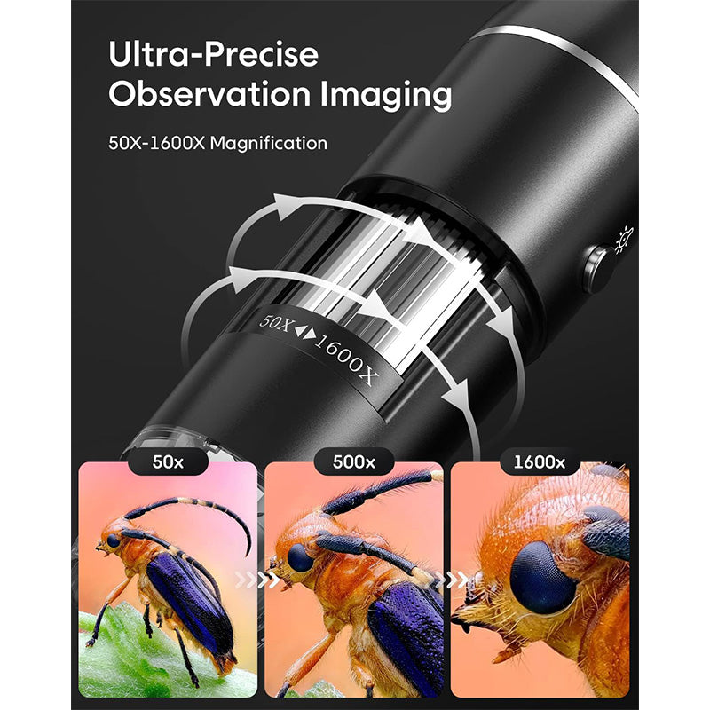 Digital Microscope, 50x-1600x Magnification, 1440P HD, 8 LED Lights, Portable, Compatible with iOS and Android Devices