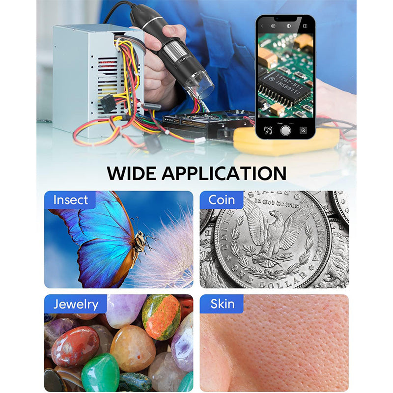 Digital Microscope, 50x-1600x Magnification, 1440P HD, 8 LED Lights, Portable, Compatible with iOS and Android Devices