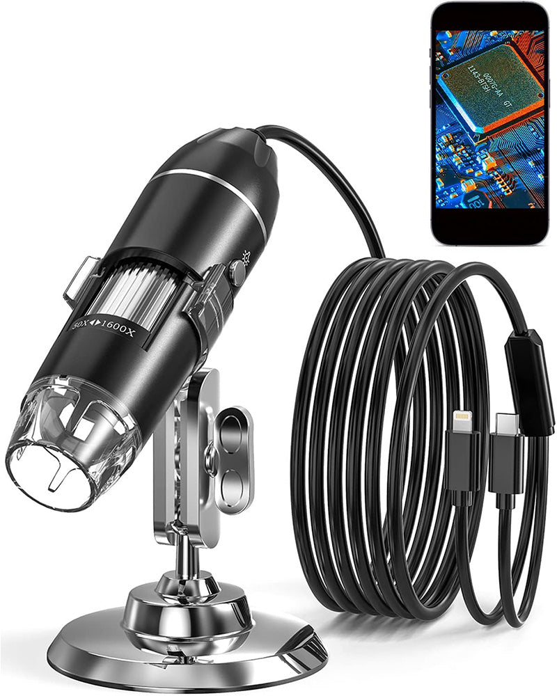 Digital Microscope, 50x-1600x Magnification, 1440P HD, 8 LED Lights, Portable, Compatible with iOS and Android Devices