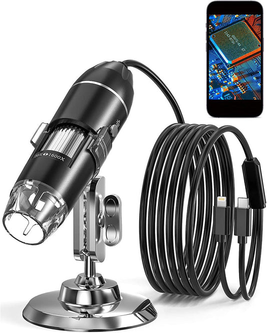 Digital Microscope, 50x-1600x Magnification, 1440P HD, 8 LED Lights, Portable, Compatible with iOS and Android Devices