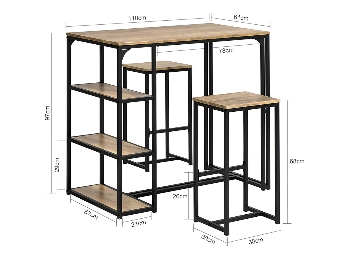 Bar Table and Stools Set 3 Piece Dining Set with Storage Shelves