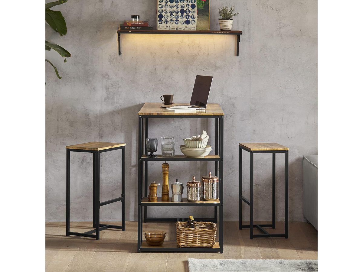 Bar Table and Stools Set 3 Piece Dining Set with Storage Shelves