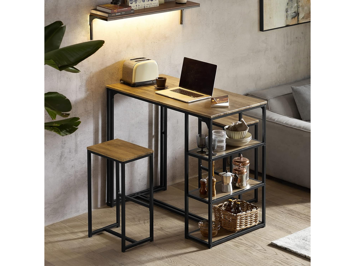 Bar Table and Stools Set 3 Piece Dining Set with Storage Shelves