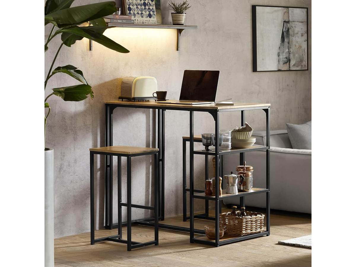 Bar Table and Stools Set 3 Piece Dining Set with Storage Shelves