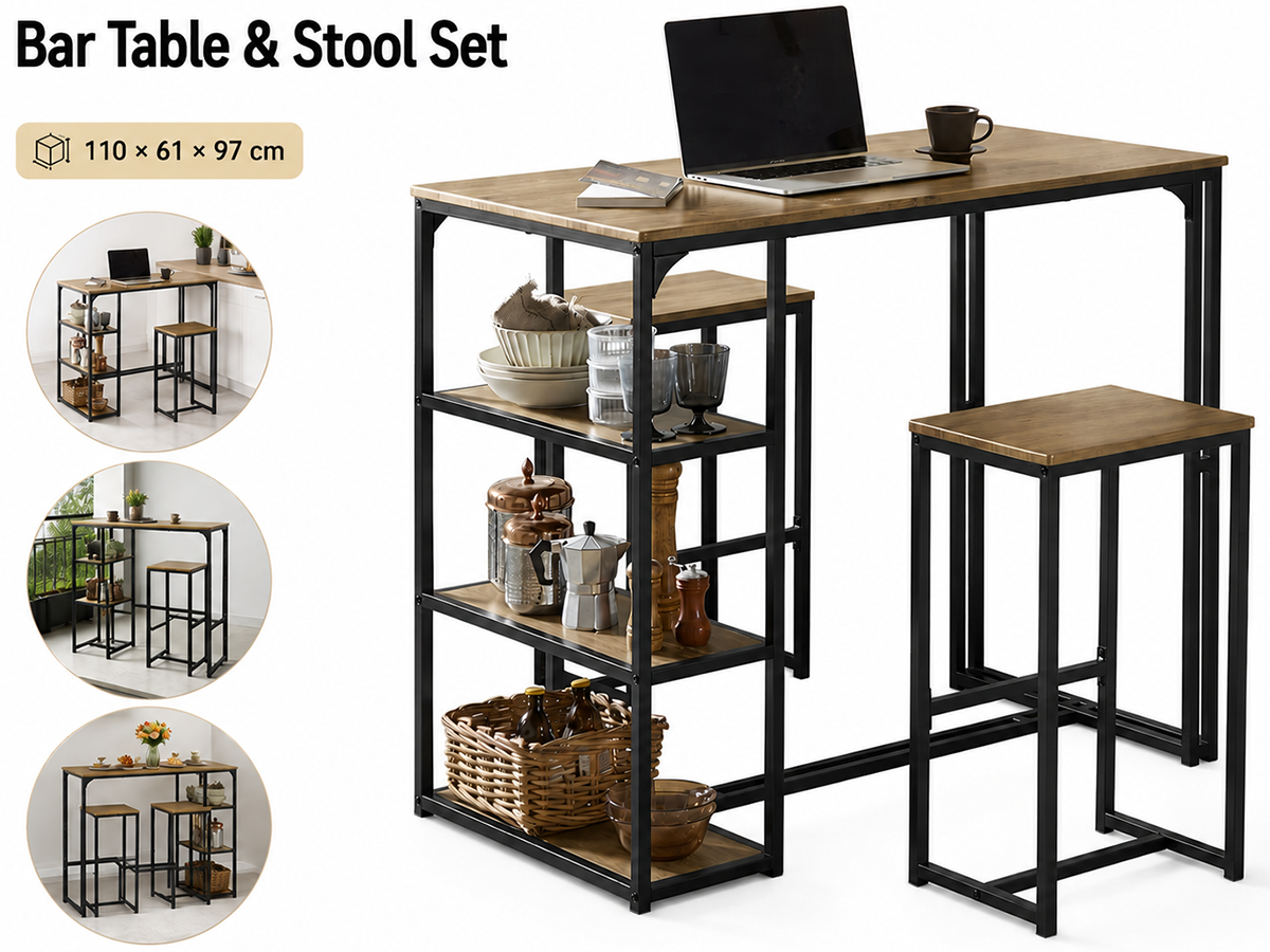 Bar Table and Stools Set 3 Piece Dining Set with Storage Shelves