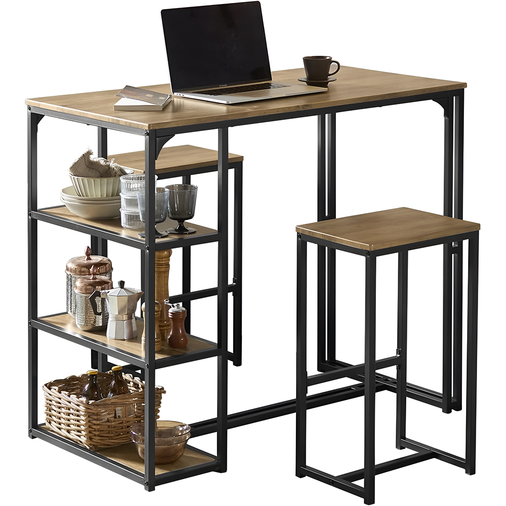 Bar Table and Stools Set 3 Piece Dining Set with Storage Shelves
