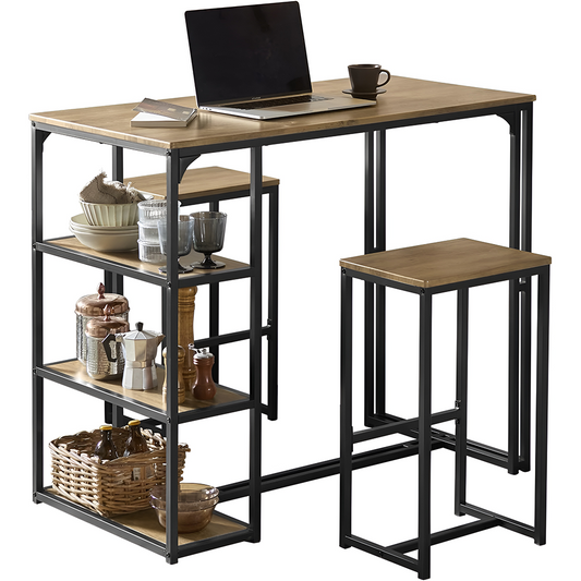 Bar Table and Stools Set 3 Piece Dining Set with Storage Shelves
