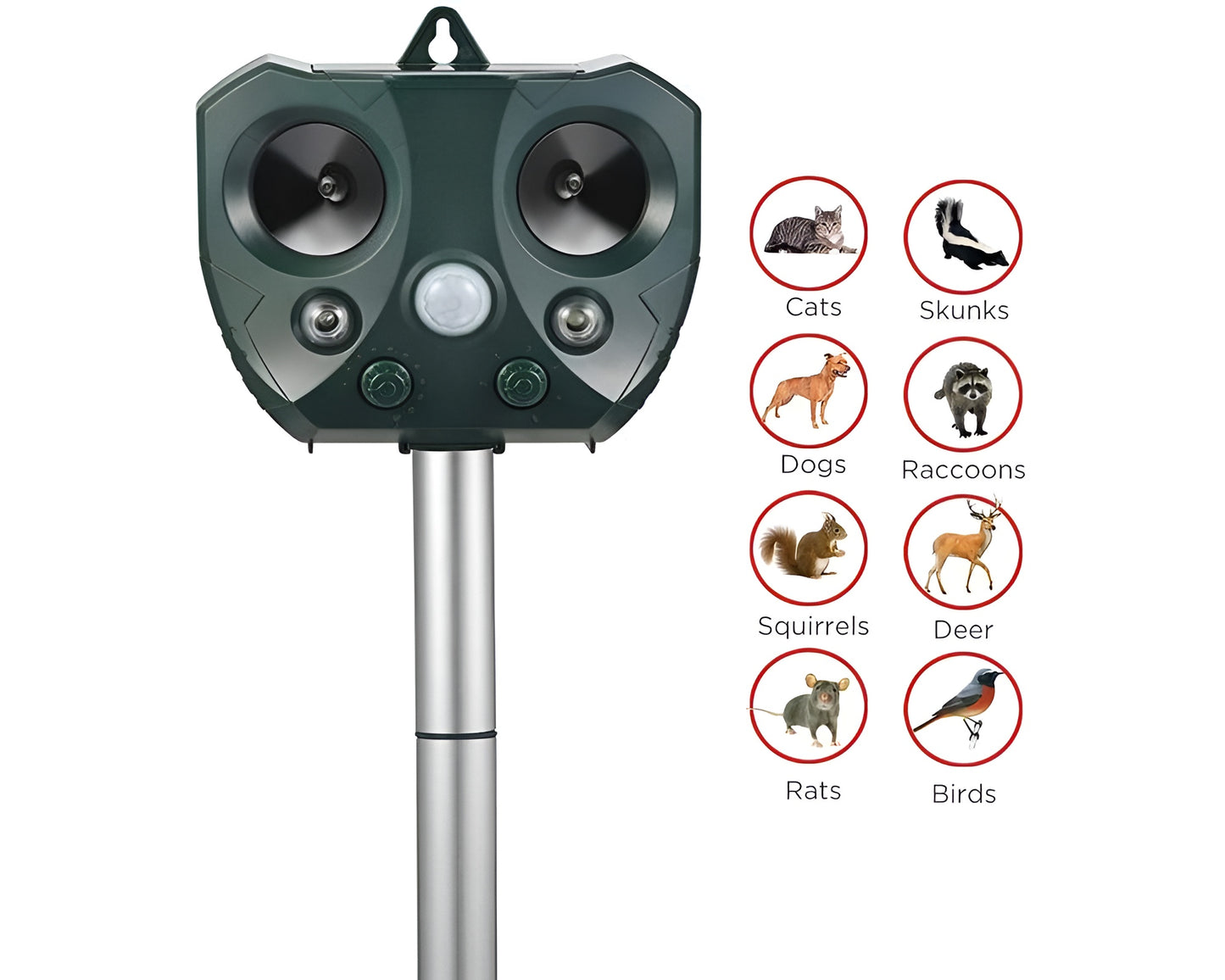 Solar Powered Ultrasonic Animal Repeller - Waterproof Outdoor Pest Deterrent for Raccoons, Cats, Dogs, Birds, Rabbits, Squirrels, Skunks, Deer, Rodents