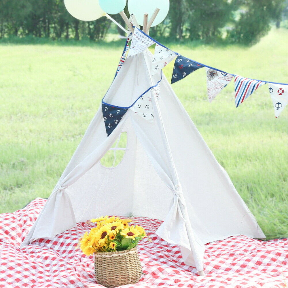 Large Teepee Tent Kids Cotton Canvas Pretend Play House - Boy Girls Wigwam Gift